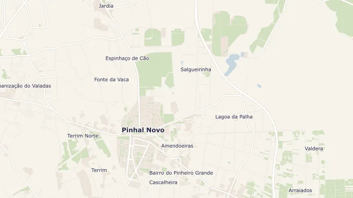 Mapa okolicy: Pinhal Novo. Zaznaczony obszar o promieniu 300 metrów wokół przybliżonego środka lokalizacji.