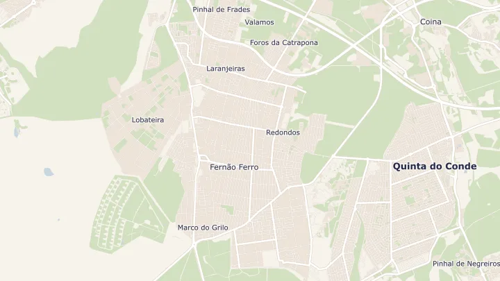 Mapa okolicy: Fernão Ferro. Zaznaczony obszar o promieniu 300 metrów wokół przybliżonego środka lokalizacji.