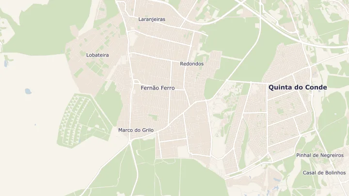 Mapa okolicy: Fernão Ferro. Zaznaczony obszar o promieniu 300 metrów wokół przybliżonego środka lokalizacji.