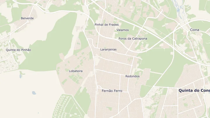 Mapa okolicy: Fernão Ferro. Zaznaczony obszar o promieniu 300 metrów wokół przybliżonego środka lokalizacji.