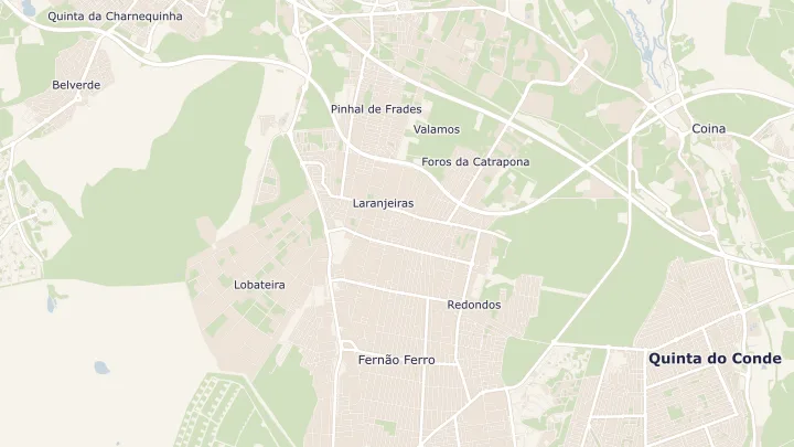 Mapa okolicy: Fernão Ferro. Zaznaczony obszar o promieniu 300 metrów wokół przybliżonego środka lokalizacji.