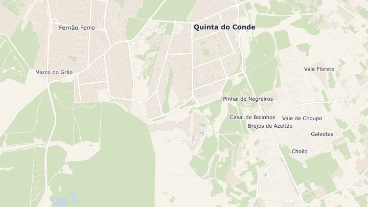 Mapa okolicy: Fernão Ferro. Zaznaczony obszar o promieniu 300 metrów wokół przybliżonego środka lokalizacji.