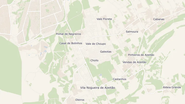 Mapa okolicy: Azeitão (São Lourenço e São Simão). Zaznaczony obszar o promieniu 300 metrów wokół przybliżonego środka lokalizacji.
