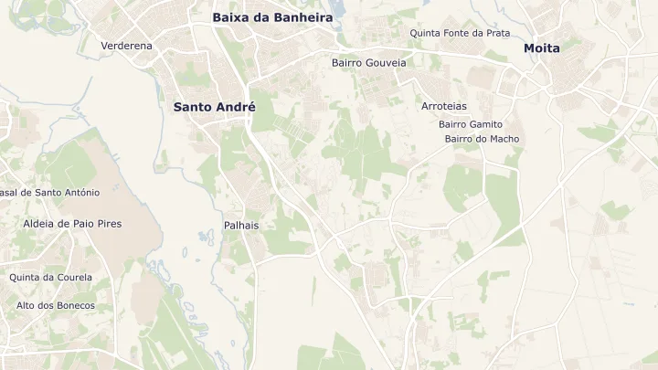 Mapa okolicy: Santo António da Charneca. Zaznaczony obszar o promieniu 300 metrów wokół przybliżonego środka lokalizacji.