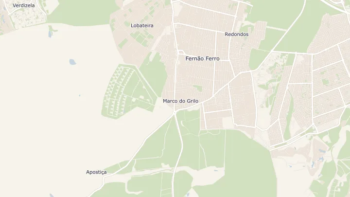 Mapa okolicy: Fernão Ferro. Zaznaczony obszar o promieniu 300 metrów wokół przybliżonego środka lokalizacji.