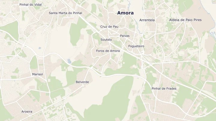Mapa okolicy: Fernão Ferro. Zaznaczony obszar o promieniu 300 metrów wokół przybliżonego środka lokalizacji.