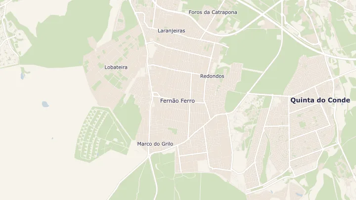 Mapa okolicy: Fernão Ferro. Zaznaczony obszar o promieniu 300 metrów wokół przybliżonego środka lokalizacji.