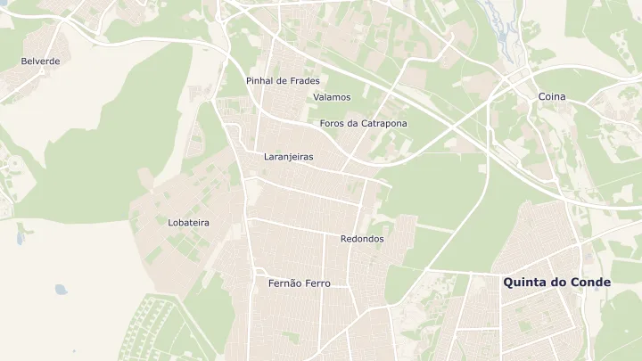Mapa okolicy: Fernão Ferro. Zaznaczony obszar o promieniu 300 metrów wokół przybliżonego środka lokalizacji.