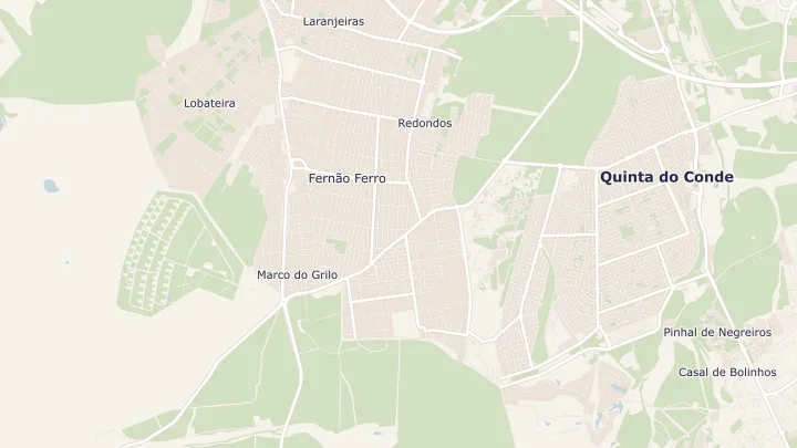 Mapa okolicy: Fernão Ferro. Zaznaczony obszar o promieniu 300 metrów wokół przybliżonego środka lokalizacji.