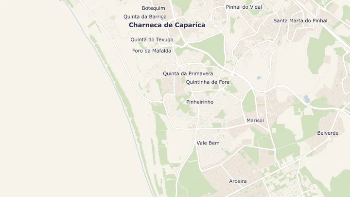 Mapa okolicy: Charneca de Caparica e Sobreda. Zaznaczony obszar o promieniu 300 metrów wokół przybliżonego środka lokalizacji.