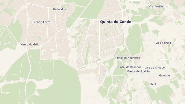 Mapa okolicy: Fernão Ferro. Zaznaczony obszar o promieniu 300 metrów wokół przybliżonego środka lokalizacji.