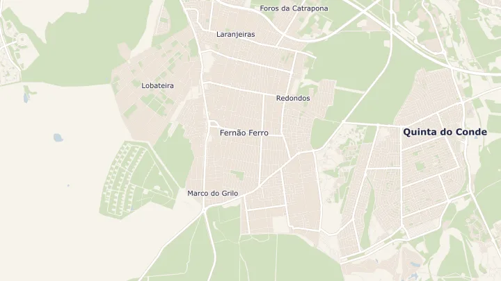 Mapa okolicy: Fernão Ferro. Zaznaczony obszar o promieniu 300 metrów wokół przybliżonego środka lokalizacji.