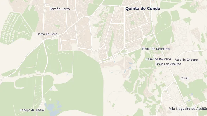 Mapa okolicy: Fernão Ferro. Zaznaczony obszar o promieniu 300 metrów wokół przybliżonego środka lokalizacji.