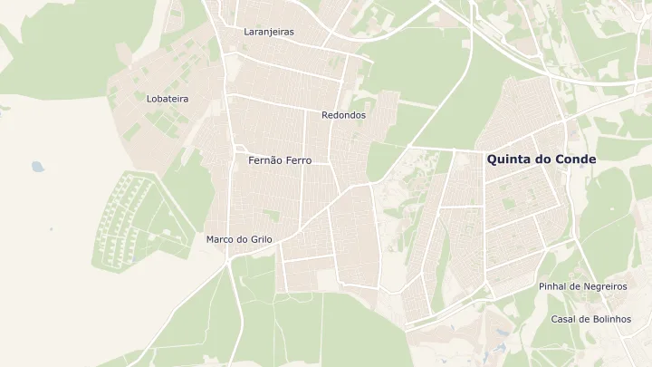 Mapa okolicy: Fernão Ferro. Zaznaczony obszar o promieniu 300 metrów wokół przybliżonego środka lokalizacji.