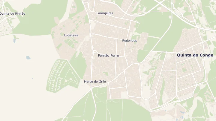 Mapa okolicy: Fernão Ferro. Zaznaczony obszar o promieniu 300 metrów wokół przybliżonego środka lokalizacji.