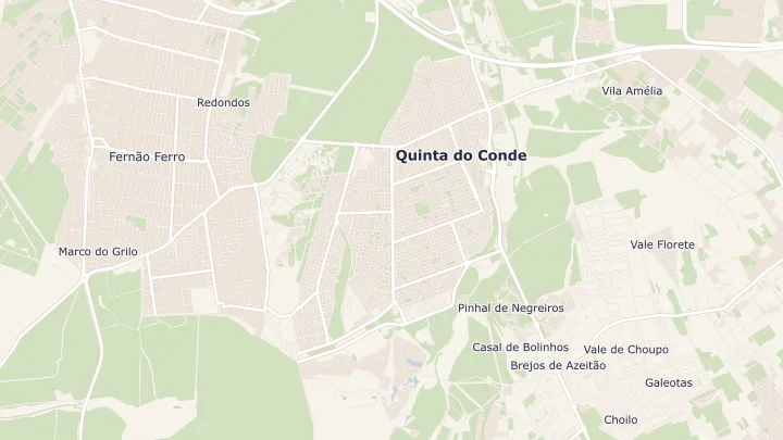 Mapa okolicy: Quinta do Conde. Zaznaczony obszar o promieniu 300 metrów wokół przybliżonego środka lokalizacji.