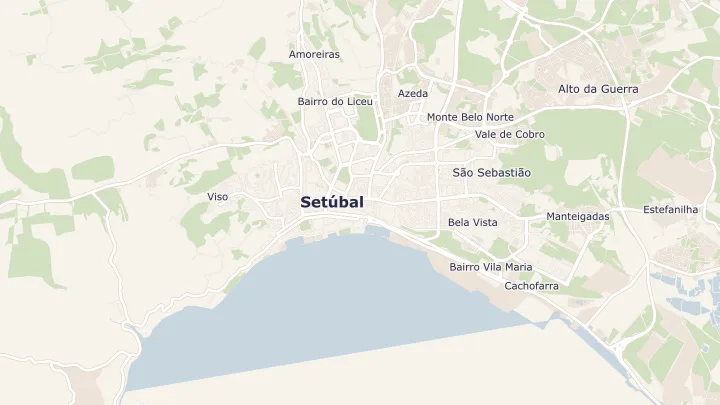Mapa okolicy: Setúbal (São Julião, Nossa Senhora da Anunciada e Santa Maria da Graça). Zaznaczony obszar o promieniu 300 metrów wokół przybliżonego środka lokalizacji.