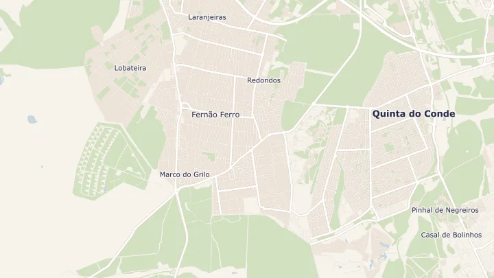 Mapa okolicy: Fernão Ferro. Zaznaczony obszar o promieniu 300 metrów wokół przybliżonego środka lokalizacji.