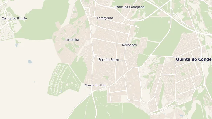 Mapa okolicy: Fernão Ferro. Zaznaczony obszar o promieniu 300 metrów wokół przybliżonego środka lokalizacji.