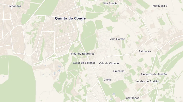Mapa okolicy: Azeitão (São Lourenço e São Simão). Zaznaczony obszar o promieniu 300 metrów wokół przybliżonego środka lokalizacji.