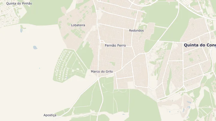 Mapa okolicy: Fernão Ferro. Zaznaczony obszar o promieniu 300 metrów wokół przybliżonego środka lokalizacji.