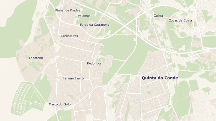 Mapa okolicy: Fernão Ferro. Zaznaczony obszar o promieniu 300 metrów wokół przybliżonego środka lokalizacji.