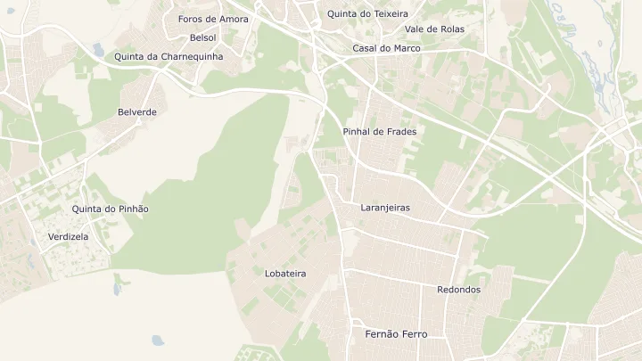 Mapa okolicy: Fernão Ferro. Zaznaczony obszar o promieniu 300 metrów wokół przybliżonego środka lokalizacji.