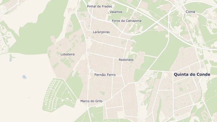 Mapa okolicy: Fernão Ferro. Zaznaczony obszar o promieniu 300 metrów wokół przybliżonego środka lokalizacji.