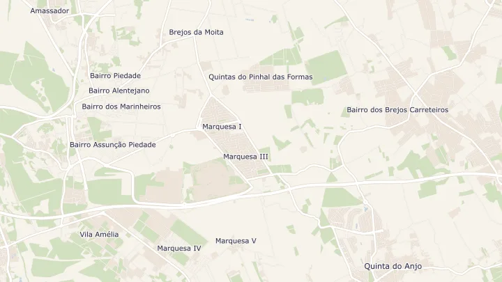 Mapa okolicy: Quinta do Anjo. Zaznaczony obszar o promieniu 300 metrów wokół przybliżonego środka lokalizacji.