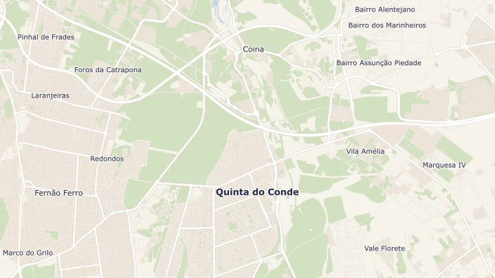 Mapa okolicy: Quinta do Conde. Zaznaczony obszar o promieniu 300 metrów wokół przybliżonego środka lokalizacji.