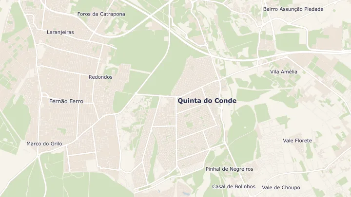 Mapa okolicy: Quinta do Conde. Zaznaczony obszar o promieniu 300 metrów wokół przybliżonego środka lokalizacji.