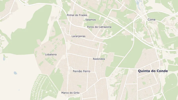 Mapa okolicy: Fernão Ferro. Zaznaczony obszar o promieniu 300 metrów wokół przybliżonego środka lokalizacji.