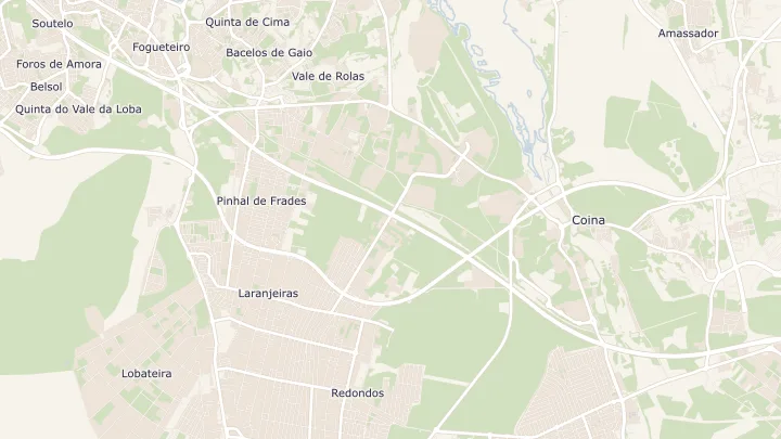 Mapa okolicy: Fernão Ferro. Zaznaczony obszar o promieniu 300 metrów wokół przybliżonego środka lokalizacji.