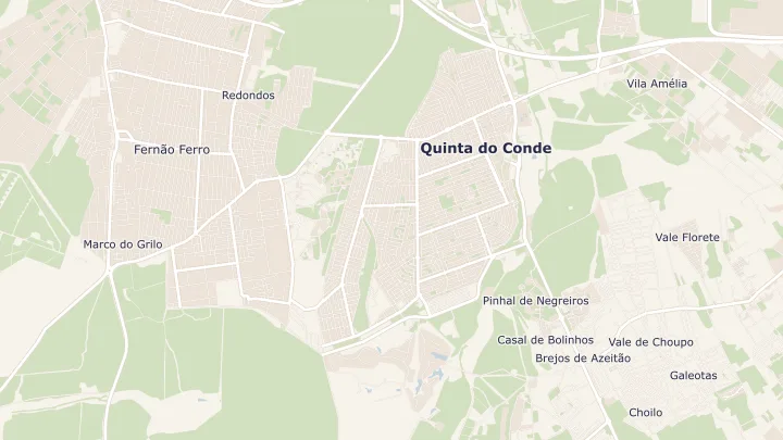 Mapa okolicy: Fernão Ferro. Zaznaczony obszar o promieniu 300 metrów wokół przybliżonego środka lokalizacji.