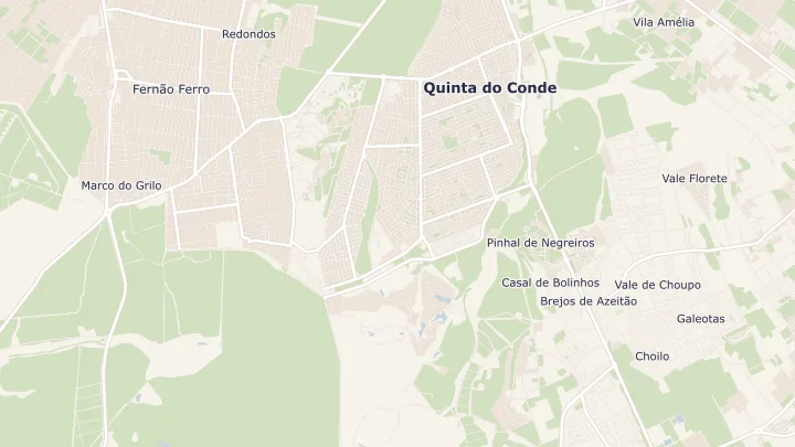 Mapa okolicy: Fernão Ferro. Zaznaczony obszar o promieniu 300 metrów wokół przybliżonego środka lokalizacji.