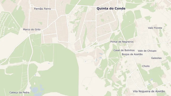 Mapa okolicy: Fernão Ferro. Zaznaczony obszar o promieniu 300 metrów wokół przybliżonego środka lokalizacji.