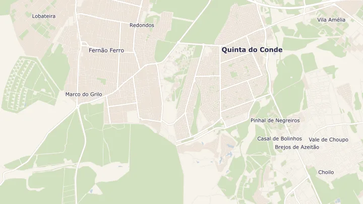Mapa okolicy: Fernão Ferro. Zaznaczony obszar o promieniu 300 metrów wokół przybliżonego środka lokalizacji.