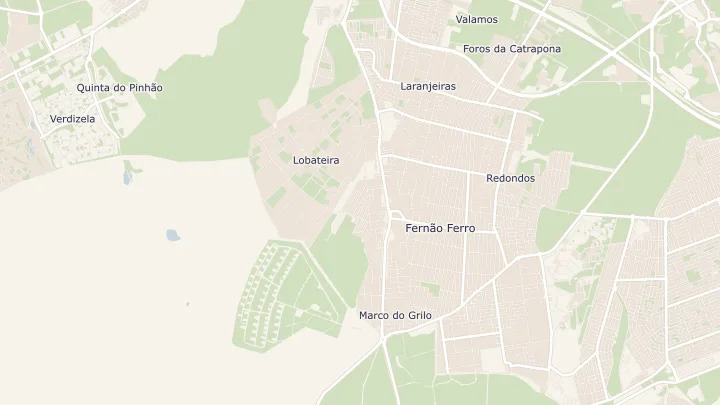 Mapa okolicy: Fernão Ferro. Zaznaczony obszar o promieniu 300 metrów wokół przybliżonego środka lokalizacji.