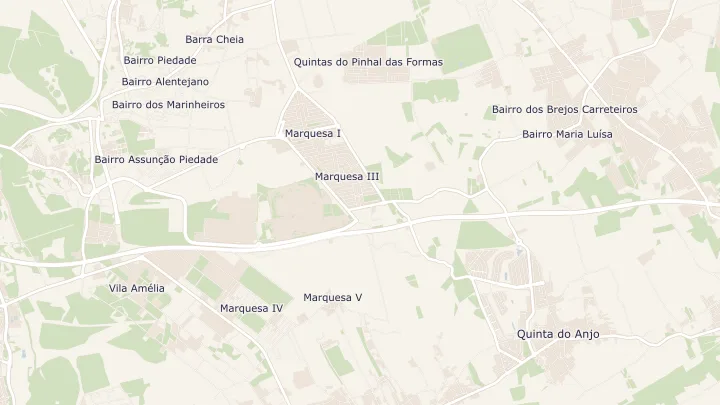 Mapa okolicy: Quinta do Anjo. Zaznaczony obszar o promieniu 300 metrów wokół przybliżonego środka lokalizacji.