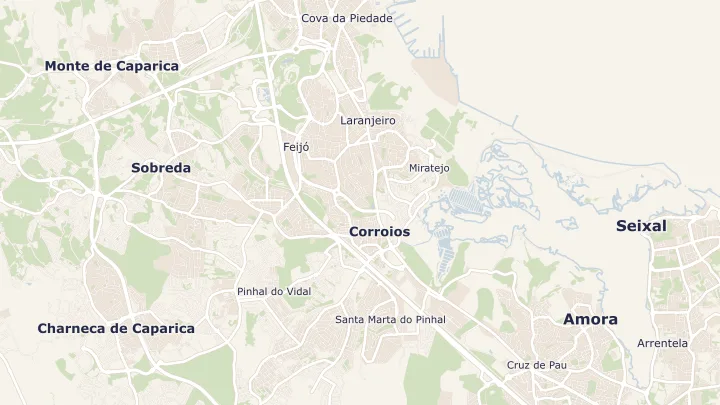 Mapa okolicy: Corroios. Zaznaczony obszar o promieniu 300 metrów wokół przybliżonego środka lokalizacji.