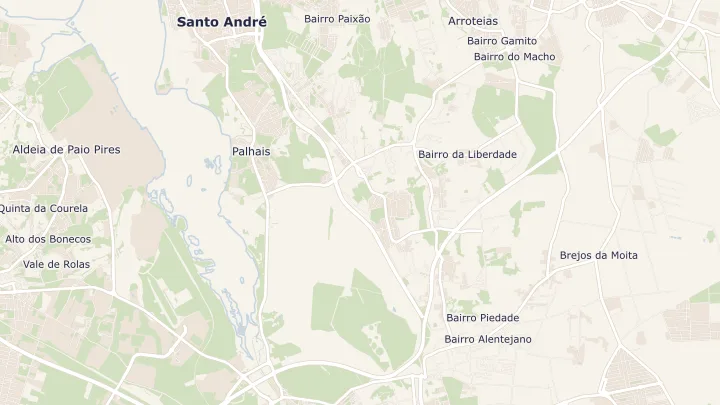 Mapa okolicy: Santo António da Charneca. Zaznaczony obszar o promieniu 300 metrów wokół przybliżonego środka lokalizacji.