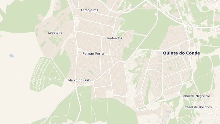 Mapa okolicy: Fernão Ferro. Zaznaczony obszar o promieniu 300 metrów wokół przybliżonego środka lokalizacji.
