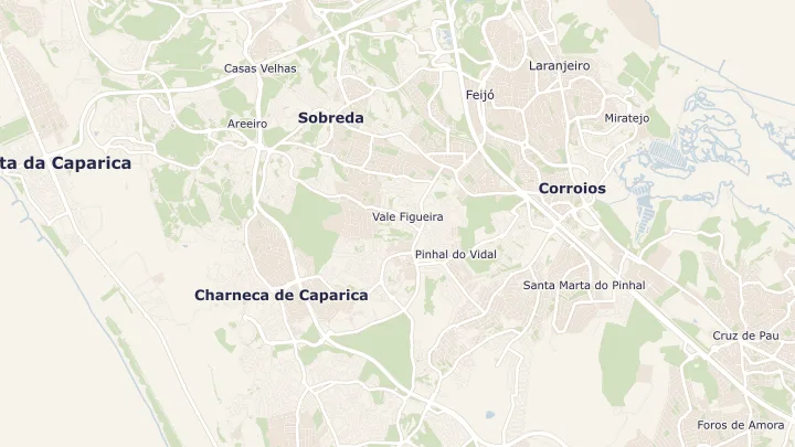 Mapa okolicy: Sobreda, Charneca de Caparica e Sobreda. Zaznaczony obszar o promieniu 300 metrów wokół przybliżonego środka lokalizacji.