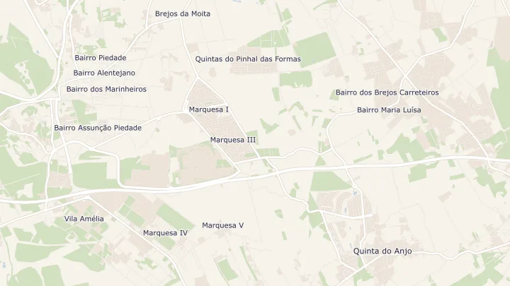 Mapa okolicy: Quinta do Anjo. Zaznaczony obszar o promieniu 300 metrów wokół przybliżonego środka lokalizacji.