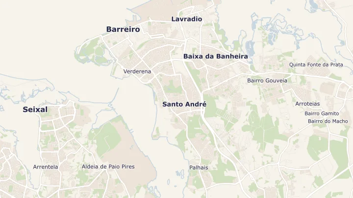 Mapa okolicy: Barreiro, Alto do Seixalinho, Santo André e Verderena. Zaznaczony obszar o promieniu 300 metrów wokół przybliżonego środka lokalizacji.